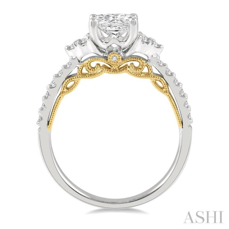 1/3 Ctw Cushion Shape Tri Mount Round Cut Diamond Semi-Mount Engagement Ring in 14K White and Yellow Gold