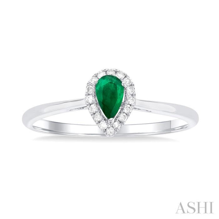 5x3 MM Pear Shape Emerald and 1/20 Ctw Single Cut Diamond Halo Precious Ring in 10K White Gold