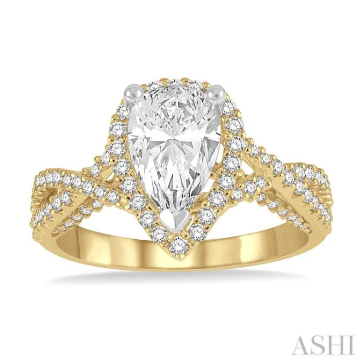 1/2 Ctw Pear Shape Criss-Cross Shank Round Cut Diamond Semi-Mount Engagement Ring in 14K Yellow and White gold