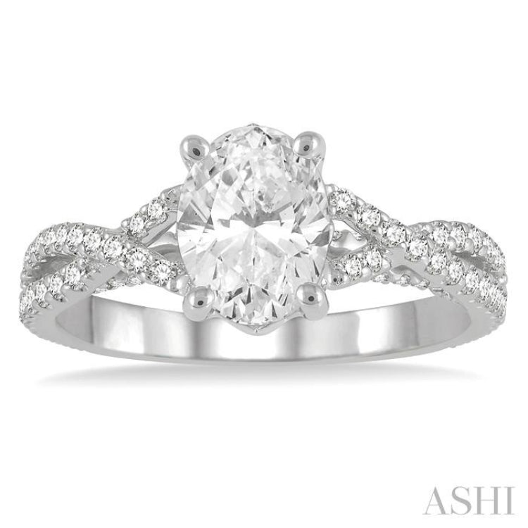 5/8 Ctw Oval Shape Split Criss-Cross Shank Round Cut Diamond Semi-Mount Engagement Ring in 14K White Gold