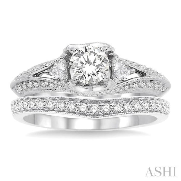 1 1/5 Ctw Diamond Wedding Set with 1 Ctw Round Cut Engagement Ring and 1/5  Ctw Wedding Band in 14K White Gold