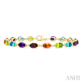 6X4 MM Oval Cut Multiple Gemstone and 1/6 Ctw Round Cut Diamond Semi-Precious Tennis Bracelet in 10K Yellow Gold