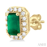 5x3 MM Octagonal Shape Emerald and 1/8 Ctw Single Cut Diamond Halo Precious Stud Earrings in 10K Yellow Gold