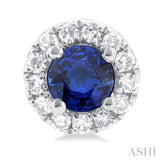 3.25 MM Round Sapphire and 1/10 Ctw Single Cut Diamond Halo Precious Stud Earrings in 14K White Gold