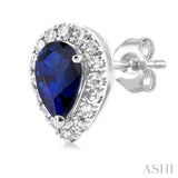 5x3 MM Pear Shape Sapphire and 1/8 Ctw Single Cut Diamond Halo Precious Stud Earrings in 10K White Gold