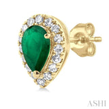 5x3 MM Pear Shape Emerald and 1/8 Ctw Single Cut Diamond Halo Precious Stud Earrings in 10K Yellow Gold