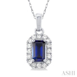 5x3 MM Octagonal Shape Sapphire and 1/20 Ctw Single Cut Diamond Halo Precious Pendant with Chain in 10K White Gold