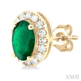 5x3 MM Oval Shape Emerald and 1/8 Ctw Single Cut Diamond Halo Precious Stud Earrings in 10K Yellow Gold