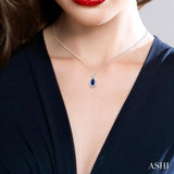5x3 MM Oval Shape Sapphire and 1/20 Ctw Single Cut Diamond Halo Precious Pendant with Chain in 10K White Gold