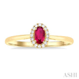 5x3 MM Oval Shape Ruby and 1/20 Ctw Single Cut Diamond Halo Precious Ring in 14K Yellow Gold