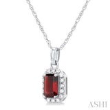5x3 MM Octagonal Shape Garnet and 1/20 Ctw Single Cut Diamond Halo Semi-Precious Pendant with Chain in 10K White Gold
