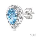 5x3 MM Pear Shape Aquamarine and 1/8 Ctw Single Cut Diamond Halo Semi-Precious Stud Earrings in 10K White Gold