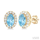 5x3 MM Oval Shape Aquamarine and 1/8 Ctw Single Cut Diamond Halo Semi-Precious Stud Earrings in 14K Yellow Gold