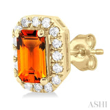 5x3 MM Octagonal Shape Citrine and 1/8 Ctw Single Cut Diamond Halo Semi-Precious Stud Earrings in 14K Yellow Gold