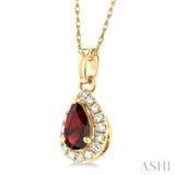 5x3 MM Pear Shape Garnet and 1/20 Ctw Single Cut Diamond Halo Semi-Precious Pendant with Chain in 14K Yellow Gold