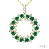 2.5 MM Round Shape Emerald and 3/4 Ctw Round Cut Diamond Triple Row Circle Precious Pendant With Chain in 14K Yellow Gold