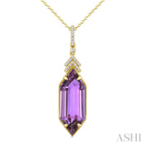 22X8 MM Hexagon Shape Amethyst and 1/10 Ctw Round Cut Diamond Semi-Precious Pendant With Chain in 14K Yellow Gold