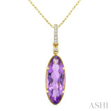 16X6 MM Oval Shape Amethyst and 1/20 Ctw Round Cut Diamond Semi-Precious Pendant With Chain in 10K Yellow Gold