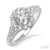 1 Ctw Diamond Flower Engagement Ring with 1/2 Ct Round Cut Center Stone in 14K White Gold