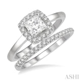 3/4 Ctw Diamond Wedding Set With 5/8 ct Halo Round Cut & 1/2 ct Princess Cut Center Stone Engagement Ring and 1/6 ct Wedding Band in 14K White Gold