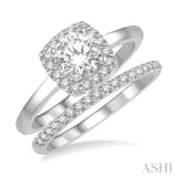3/4 Ctw Round Cut Diamond Wedding Set With 5/8 ct Cushion Mount Engagement Ring and 1/6 ct Wedding Band in 14K White Gold