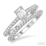 3/4 Ctw Diamond Wedding Set With 5/8 ct Round Cut & 3/8 ct Emerald Cut Center Stone Engagement Ring and 1/6 ct Wedding Band in 14K White Gold