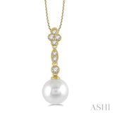 8MM Pearl and 1/6 ctw Floral Dangler Round Cut Diamond Pendant With Chain in 14K Yellow Gold